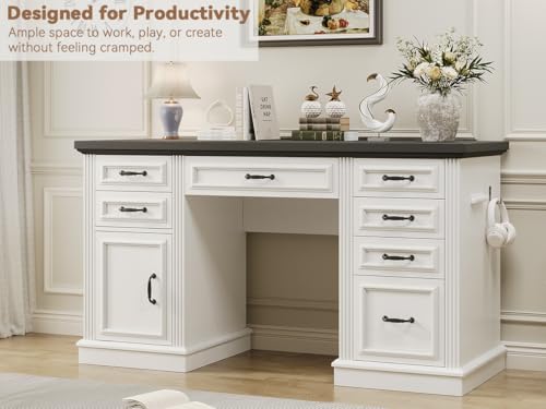 Jocoevol Farmhouse 57" Executive Desk with 7 Drawers, Home Office Desk with File Cabinet Storage, Computer Desk with Charging Station and Headphone Hook for Work, Study, Writing, White
