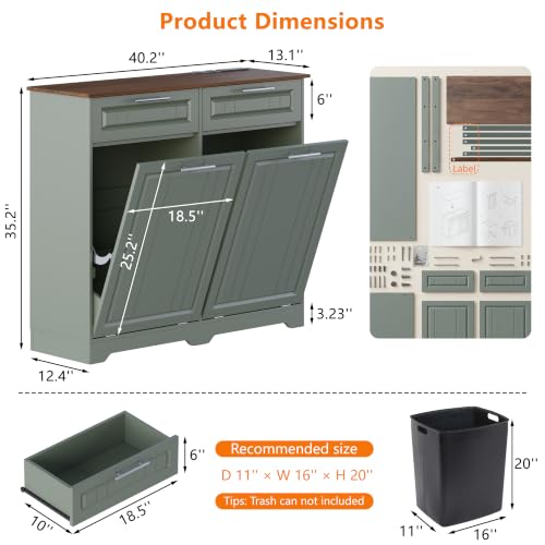 Double 10 Gallon Tilt Out Trash Can Cabinet with Deodorizing Function and Power Outlet, Wooden Hidden Garbage Can Holder with 2 Storage Drawers for Kitchen, Laundry Hamper Cabinet for Bathroom, Green - color: Green, size: 13.11"D x 40.16"W x 35.2"H(Double