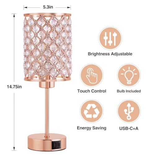 Crystal Table Lamp, Rose Gold Touch Lamp with USB C+A Port, 3-Way Dimmable - color: Rose Gold, size: 14.75"