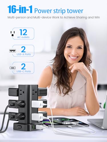 Flat Plug Power Strip Tower Surge Protector, 10FT Flat Extension Cord with Multiple Outlets, 12 AC Outlets, 4 USB Ports (2 USB C) Charging Station for Office Home Dorm Room Travel (Black) - color: Black, size: 10FT without Wireless Charger