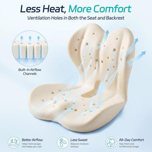 Cool & Dry Seat Cushion & Back Support for Coccyx & Lumbar Relief - color: Gray/White Airflow