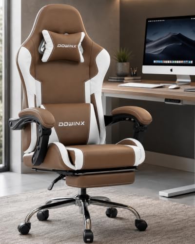 Dowinx Ergonomic Gaming Chair with Footrest & Massage Lumbar, 2D-Linkage Armrests for Computer Chair 330lbs with Headrest Pillow for Office, Home, Streaming and Long Gaming Sessions, Fabric Brown - color: Brown
