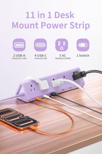 SMALLRT Purple Desk Clamp Power Strip with 6.5 FT Extension Cord, PD 40W USB-C Fast Charging Ports, 5 AC Outlets 4 USB-C 2 USB-A, Fits 2.1 inch Table Edges - color: Purple