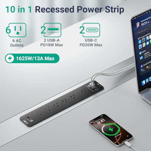 Recessed Surge Protector Power Strip with 6AC + 4USB (2 USB-C PD20W), 1800J, 6FT Extension Cord, Space-Saver Flush Mount for Conference Tables/Desks/Furniture/Kitchen - color: Black