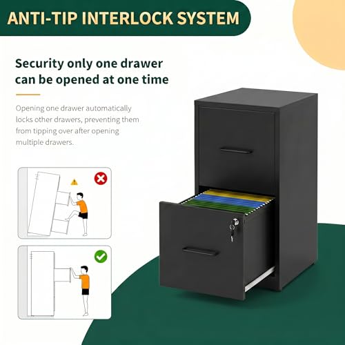 2 Drawer File Cabinet with Lock, 25.6" H Small File Cabinet | Metal Vertical File Cabinet for Home Office, Fits Letter/Legal/A4/F4 Files, Require Assembly, 25.6"H x 17.7"D x 15"W, Black - color: Black, size: 25.6"H - 2 Drawer