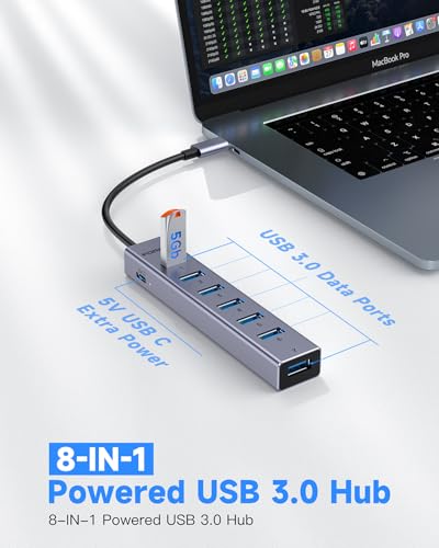 USB C Hub-8 Port USB HUB with 7 USB3.0 Data Ports,Aluminum Alloy USBC Splitter with Type C 5V/3A Power Port Compatible with MacBook, iPad, Surface Pro, XPS, Laptop,PC (Gray,USB C-9.8in) - color: 9.84in Gray, size: USB C