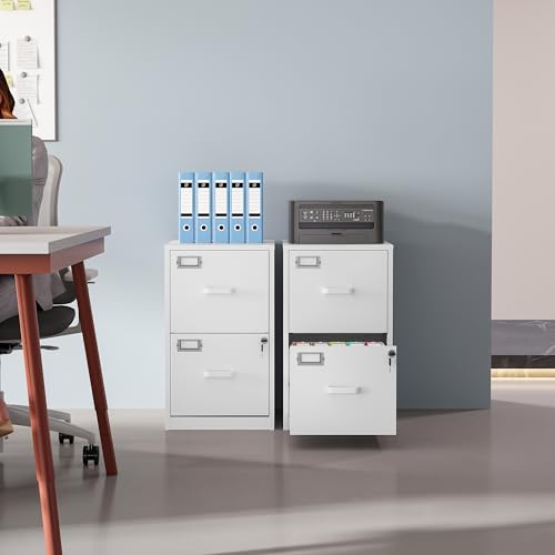 2 Drawer File Cabinet with Lock,Narrow Vertical Filing Cabinet,Under Desk File Cabinets,White Metal File Cabinets for Home Office,Fit Letter/A4/Legal Size File,Easy Assembly - color: White, style: 2 Drawer