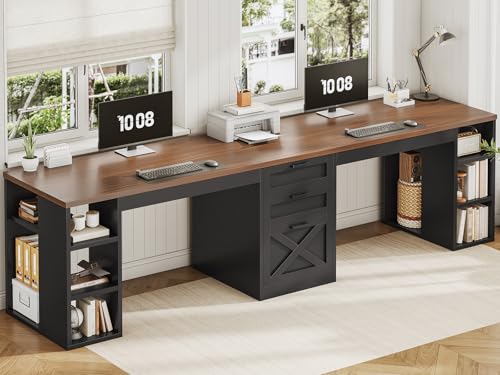 SEDETA Farmhouse 96.5" 2 Person Home Office Desk with Drawers | Gaming Desk with Storage, Double Computer Desk with Storage Drawers, Long Two Person Writing Desk, Black - color: Black