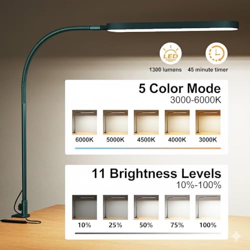 SKYLEO LED Desk Lamp - Desk Light for Home Office - Flexible Gooseneck - 5 Color Modes X 11 Brightness Levels - 1300LM - Timmer & Memory Function - 12W Clip on Light - Green - style: Green gooseneck