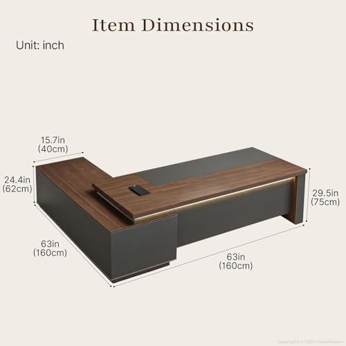 63" Reversible L-Shaped Executive Desk with Power Outlets and Drawers - color: Red Walnut+graphite Gray, size: 63 x 63 x 30 in