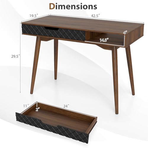 Tangkula Mid Century Modern Desk, Home Office Standing Desk w/Drawer & Open Compartment, Small Computer Desk Work Study Table, Vintage Writing Desk Wooden Workbench for Bedroom/Living Room