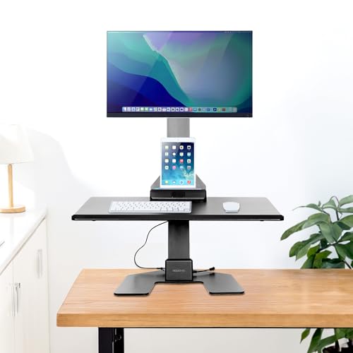 Mount-It! Electric Standing Desk Converter - Motorized Sit-Stand Desk Riser with Monitor Mount, Standup Powered Desktop Lift for Single Monitor up to 32", 28" Wide Keyboard Tray, Adjustable Height - color: Black, size: Single Monitor