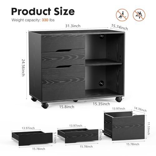 File Cabinet with 3 Drawers, Mobile Lateral Filing Cabinet with Open Storage Shelves for Home Office Under Desk Storage, Black - color: Black
