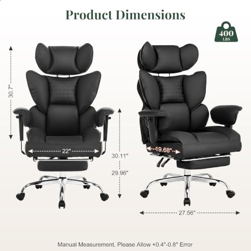 Big and Tall Office Chair 400 LBS, for Adults, Home Office | PU Leather, Executive Ergonomic Desk Chair with Footrest, Lumbar Support, Wide Seat ,Reclining, Adjustable Armrest, Black - color: Black, size: Adjustable Armrest