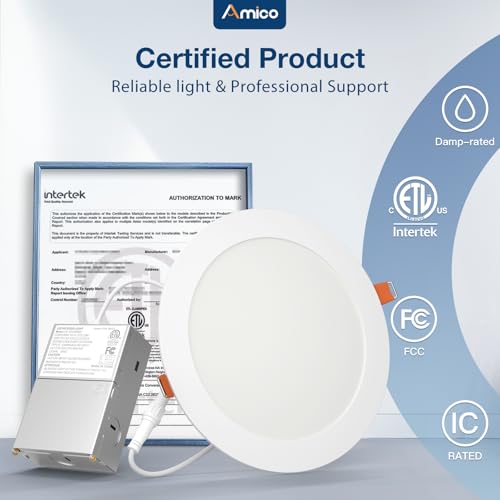Amico 12 Pack 7 Inch LED Recessed Lighting, Canless Wafer Downlight, White | 5CCT 2700K-5000K, 5%-100% Dimmable, Ultra-thin, Metal housing, 1300LM 15W 120V, IC & Damp Rated, ETL & FCC, 50000h Life Span - color: White, size: 7 Inch