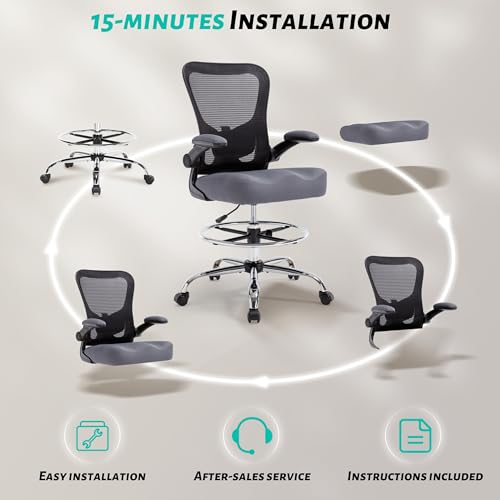 500LBS Ergonomic Drafting Chair Tall Office Chair for Counter Height or Standing Desk, Executive High Office Chairs with W-Shaped Thick Seat Cushion, Footrest Ring & Breathable Fabric, Dark Grey - color: Black Frame Dark Grey Fabric