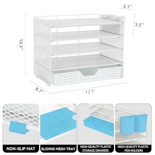 LEKETREE Desk Organizer and Accessories, 5-Tier Paper Letter Tray Organizer with Drawer & 2 Pen Holders for Desktop File Organization, Office Desk Accessories for Supplies Storage (White) - color: White, size: 12" x 8" x 10"
