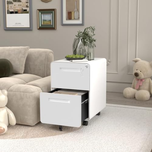 Garvee Mobile File Cabinet with Lock, 2 Drawer File Cabinet with Lock | 2 Drawer Under Desk Metal Rolling Filing Cabinets for Home Office Legal/Letter File Folders, Fully Assembled - color: White Color