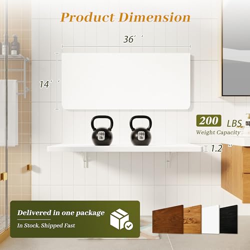 Dogsky Floating Wall Desk 36" x 14" - 200 lbs Heavy Duty Solid Pine - color: White, size: 36" x 14"