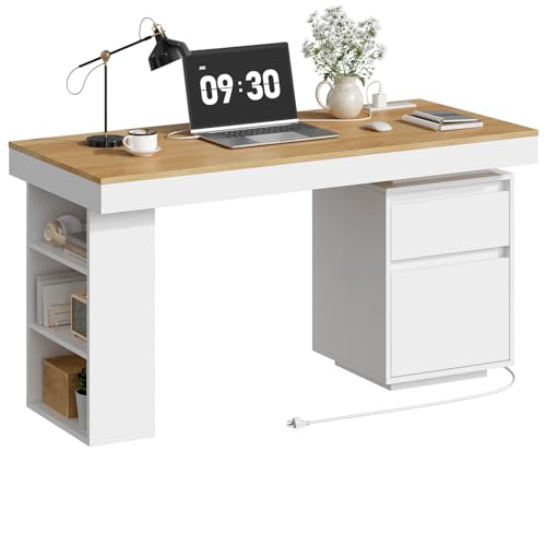 55'' Modern Executive Desk with Drawers, Wooden Computer Desk with File Drawer and Charging Station, 3-Tier Open Side Shelf for Home Office and Living Room, Natural and White