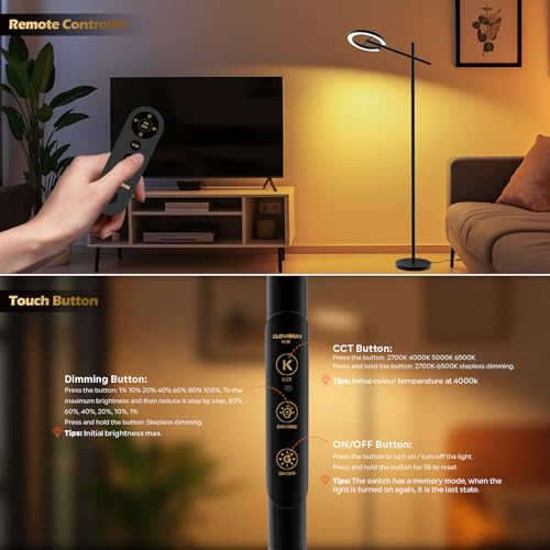 12000 LUX Light Therapy Lamp, UV-Free LED Floor SunLight Lamp, Happy Lamp | 1440lm 24W Full Spectrum Sun Lamp, Touch & Remote Control, 4 Color Temps 7 Brightness, Standing Task Lamp Reading Floor Lamp - style: Standard (H1B)