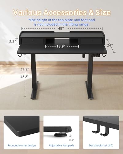 YIHAYO Electric Standing Desk with Drawers, 48 x 24 Inches Adjustable Desk with Storage Shelf, Stand Up Desk with Splice Board, Computer Table for Home Office, Black Frame/Black Top - color: Black Frame/Black Top, size: 48*24 Inch