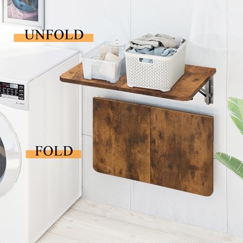 TEAMIX Wall Mounted Folding Table for Small Spaces, Rustic Floating Desk | Heavy-duty Brackets, 22 x 15.7 inch, Space-saving, Use as Home Office Desk, Laundry Shelf, Drop Leaf Table for Kitchen/RV - color: Brown, size: 22"W x 15.7"D