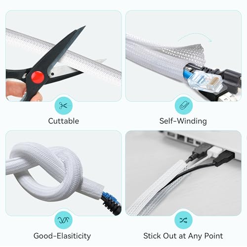 Self-Wrapping Braided Cable Sleeve, 0.51" Diameter 9.84ft Cable Management Tube, PET Wire Organizer for PC TV Home Office, White - color: White