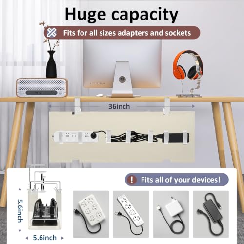 36" Under Desk Cable Management Tray for Home Office, No Drill Cord Organizer for Glass & Wood Table, Anti-Sag Oxford Fabric Wire Management Hider, Fits Surge Protector (Beige, 36") - color: Beige, size: 36"×5.6"