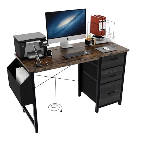 47.3 Inch Home Office Desk with Power Outlet & USB-C, 3 Drawers & Side Pocket, Study Desk with Stable Frame, Reversible Design for Computer Desk, Gaming Table, Vanity Desk (Rustic Brown)