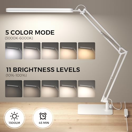 SKYLEO LED Desk Lamp with Slim Base - Adjustable Swing Arm Desk Light, Dimmable, Timer, Eye Protection, Memory Function, 1300LM, 12W, White - style: White swing arm with Base