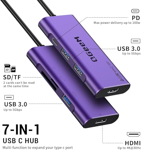 USB C Hub,7in1 Type c to 4K HDMI Multi‑Port Adapter Dongle Dock for Laptop - color: Purple