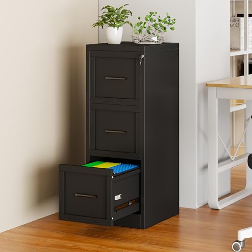 pozdeg 3 Drawer Vertical Metal File Cabinet with Lock, Black | Narrow Vertical Steel Storage Organizer, Fits Letter/A4/Legal Documents, Secure Lock Design for Office & Home Storage - color: Black, size: 17.72"D x 14.96"W x 40.5"H