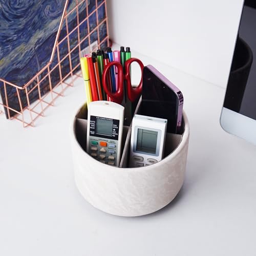 Round Leather Art Supply Organizer,Remote Control Holder,360 Degree Spinning,Multi-Functional Pencil Holder,4 Compartments Desktop Stationary Organizer(1-Hill White) - color: 1-Hill White