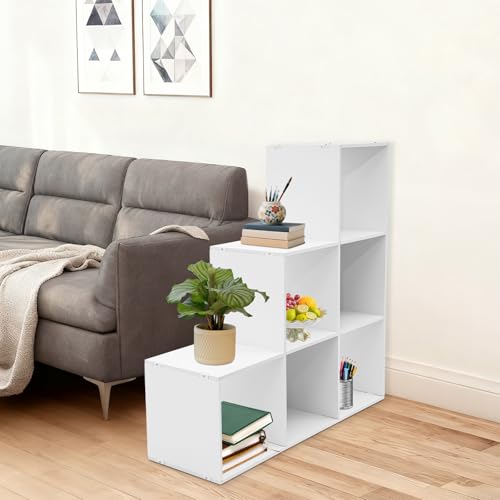3-Tier Stepped Bookshelf Freestanding 6 Cubes Ladder Bookcase L Shaped Ladder Corner Open Bookshelf for Home & Office (White, 6 Cubes) - color: White, size: 6 Cubes