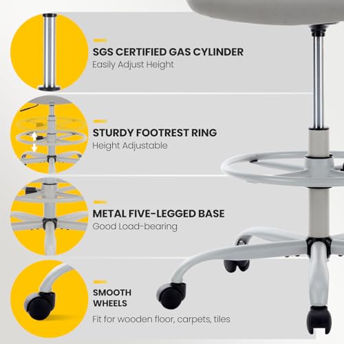 Sweetcrispy Tall Drafting Chair, High Office Desk Chair with Footrest | Comfy Lumbar Support, Counter Height Adjustable, Fixed Arms, 360° Computer Rolling Stool, Grey - color: Grey, size: 45 inches (H) x 23.62 inches (W) x 24.2 inches (L)