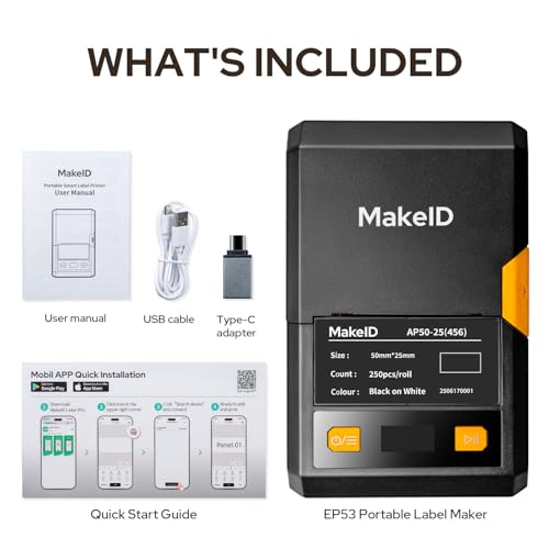 Makeid EP53 2" Label Maker with Label, 300 DPI 2600mAh Battery Thermal Transfer Portable Bluetooth Label Printer for Home Organization, Kitchen Storage, Small Business & Job Sites