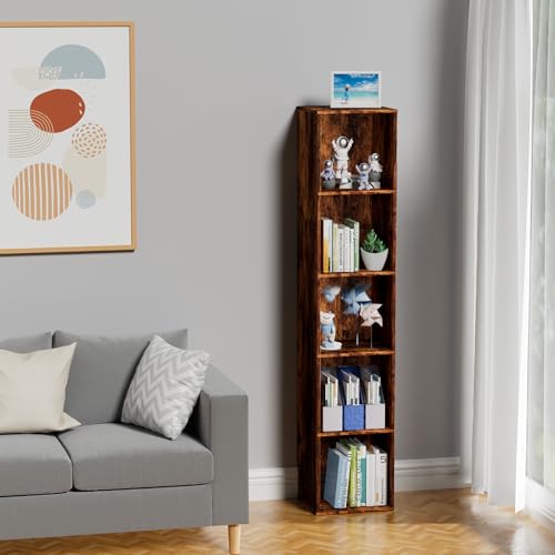 5 Tier Bookshelf, Open Tall Narrow Floor Standing Bookcase, Wooden Book Shelf Display Organizer for Home Office, Study (Retro Brown, 5 Cube) - color: Retro Brown, size: 5-Cube