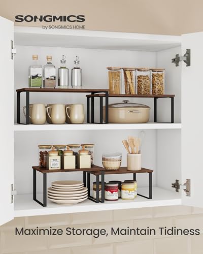 SONGMICS Cabinet Organizer Shelf, Set of 2 Spice Rack, Kitchen Storage | Kitchen Counter Storage Spice Rack, Particleboard, Steel, Natural Walnut and Matte Black, BYSTRO Collection UKCS025K01 - color: Natural Walnut + Matte Black, size: 15.6"w