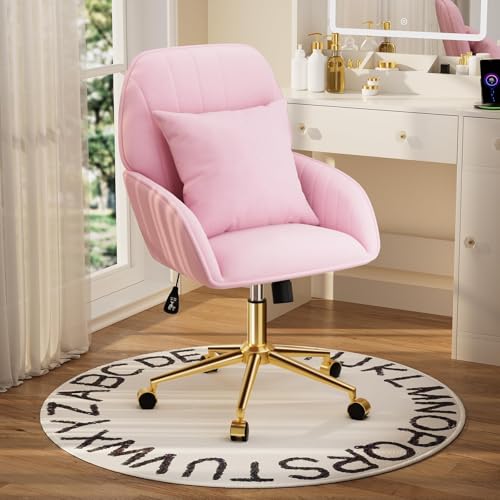 Pink Velvet Desk Chair with Pillow, Upholstered Home Office Desk Chair Makeup Vanity Chair with Swivel Wheels, Ergonomic Office Chair Computer Task Chair for Living Room, Bedroom - color: Pink
