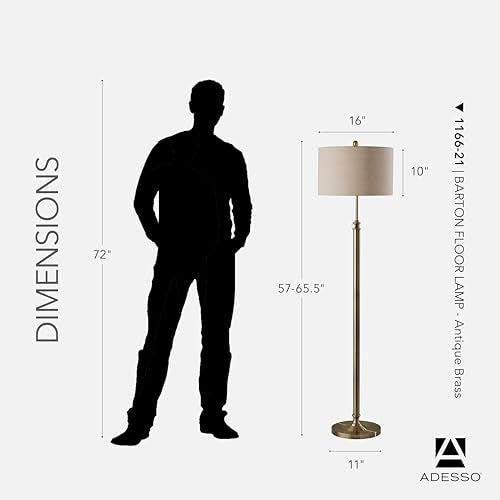 Adesso Floor Lamp, Antique Brass & Oatmeal Linen, Adjustable Height, 65.5” - color: Antique Brass, size: Floor Lamp