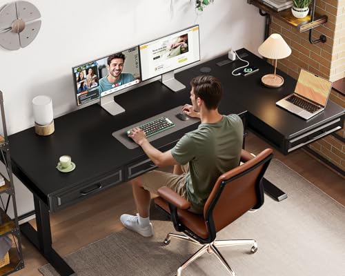 63 Inch L Shaped Standing Desk with 4 Wooden Drawers, Black | Reversible Corner Table, Office Table With 4 Wooden Drawers and Outlets For Home Office, Computer Workstation, Sit Stand Use - color: Black, size: 63 Inch