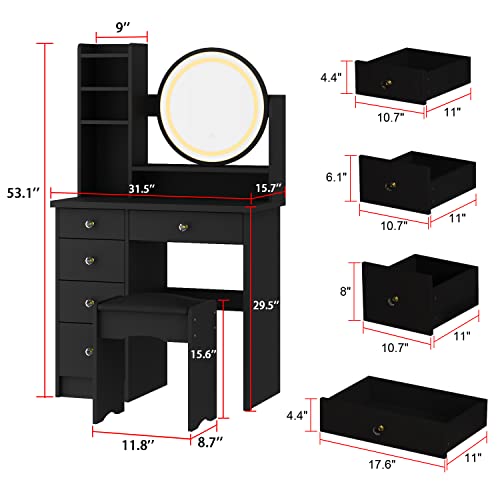 ECACAD Vanity Desk Set with LED Lighted Round Mirror, Makeup Dressing Table with 5 Drawers, Storage Shelves & Cushioned Stool for Bedroom, Black - style: Black-With Light