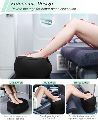 Inflatable Travel Foot Rest Pillow, Kids Airplane Bed, Adjustable 3 Layers Height Leg Rest Pillow, Adults Travel Essentials Great for Airplane, Office, Home, Trains, Cars (Black) - color: Black
