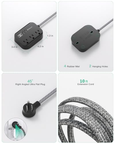Travel Essentials, Long Compact Power Strip with USB, Flat Plug - color: Black, size: 10 ft