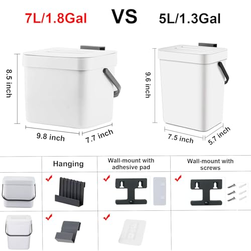 LALASTAR Trash Can with Lid, Wall-Mounted Under Sink Small Garbage Can for Kitchen, Bathroom, Hanging Plastic Trash Can, 1.8 Gallon, White - color: White