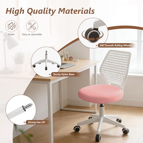 Small Office Chair with Wheels, Armless Desk Chair Height Adjustable Swivel Rolling Task Chair Breathable Mesh Ergonomic Computer Work Chair for Adult, Pink