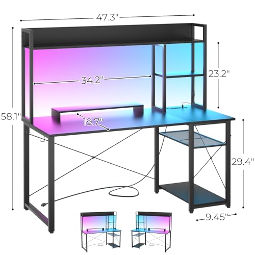 Cyclysio 47'' Gaming Desk with Hutch and Reversible Storage Shelves, Black | Home Office Desk with LED Lights & Power Outlets, Computer Desk for Small Space - color: Black, size: 47 inch