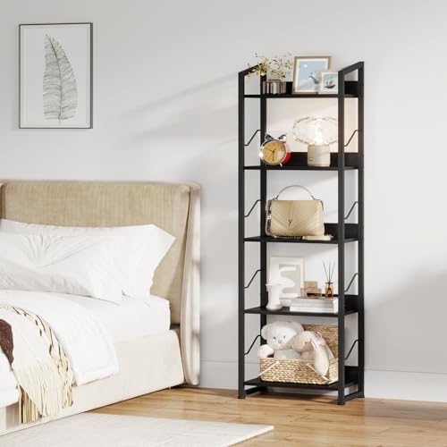 Hosfais 5 Tier Tall Bookshelf: Industrial Wood Book Shelf with Edge Protection Metal Narrow Bookshelf Bookcase Storage Organizer Display Rack for Living Room Home Office (Black) - color: Black