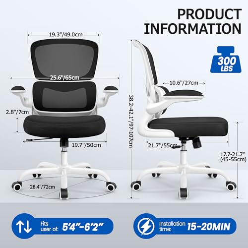 ALLGOD Office Chair Ergonomic Desk Chair, Breathable Mesh Desk Chair Comfy with Lumbar Support, Flip-up Armrests, Computer Chairs Comfortable for Home, Office, Work, Standard, 300Lbs - color: White(standard), size: 1 Pack